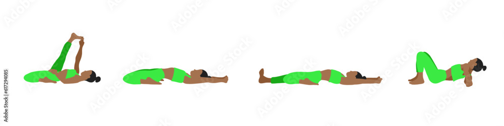 Flexibility yoga poses collection. African American female, lady, woman, girl. Meditation, pilates, mental health, training gym. Vector illustration in cartoon flat style isolated on white background. Flexibility yoga poses collection. African American female, lady, woman, girl. Meditation, pilates, mental health, training gym. Vector illustration in cartoon flat style isolated on white background.