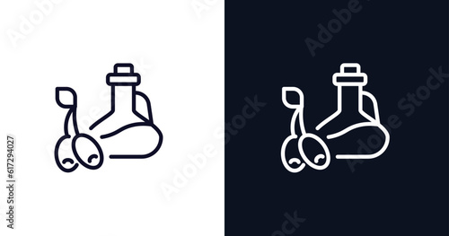 olive oil icon. Thin line olive oil icon from kitchen collection. Outline vector isolated on dark blue and white background. Editable olive oil symbol can be used web and mobile