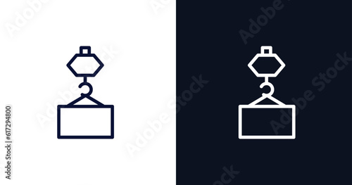 derrick with pallet icon. Thin line derrick with pallet icon from construction collection. Outline vector isolated on dark blue and white background. Editable derrick with pallet symbol