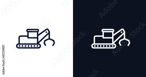 derrick with tong icon. Thin line derrick with tong icon from construction collection. Outline vector isolated on dark blue and white background. Editable derrick with tong symbol