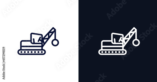 derrick with ball icon. Thin line derrick with ball icon from construction collection. Outline vector isolated on dark blue and white background. Editable derrick with ball symbol