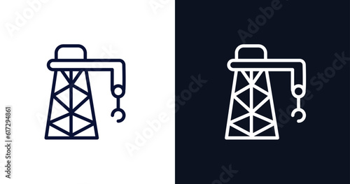 derrick facing right icon. Thin line derrick facing right icon from construction collection. Outline vector isolated on dark blue and white background. Editable derrick facing right symbol