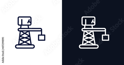 derrick with boxes icon. Thin line derrick with boxes icon from construction collection. Outline vector isolated on dark blue and white background. Editable derrick with boxes symbol