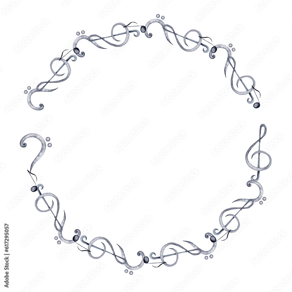 Round frame with a treble and a bass clef on transparent background. Classical Music watercolor illustration. Round frame with a treble and a bass clef on transparent background. Classical Music watercolor illustration.