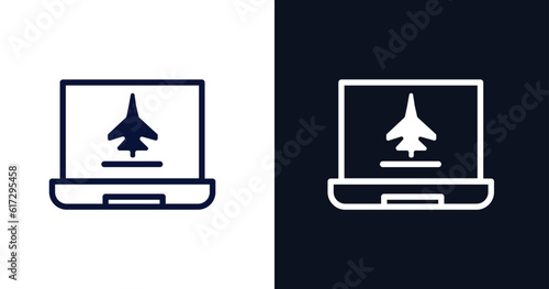 computer icon. Thin line computer icon from military and war and  collection. Outline vector isolated on dark blue and white background. Editable computer symbol can be used web and mobile