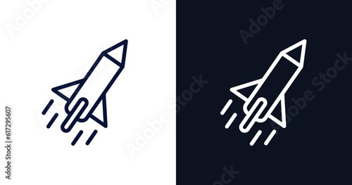 missile icon. Thin line missile icon from military and war and  collection. Outline vector isolated on dark blue and white background. 