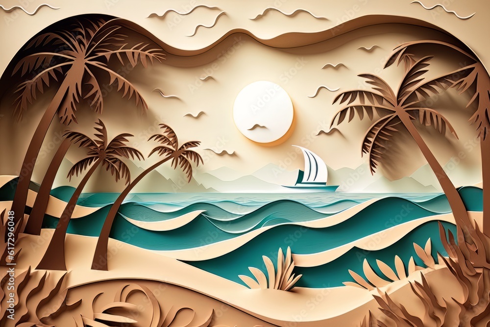 cardboard landscape. beach with palm trees near the ocean at sunrise. Summer concept. generative ai. cardboard landscape. beach with palm trees near the ocean at sunrise. Summer concept. generative ai.