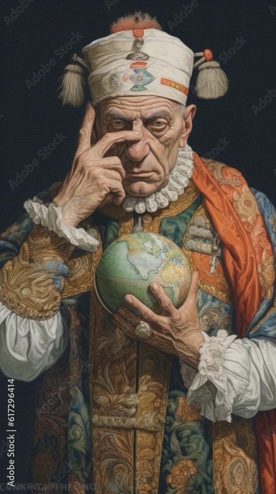 The old generation of diplomats and politicians of European countries, a man in a suit from different countries with a globe in his hands.Historical era. Economic development of states. Generative AI	