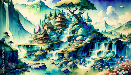 Magical waterfalls in a fairytale ambiance. Watercolor style. Generative AI.