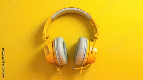 Headphones on yellow background. ASMR Stress-relieving sounds concept.