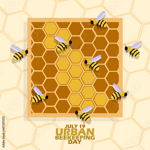 Cute bees flying in their box-shaped nest with bold text on light yellow background to commemorate National Urban Beekeeping Day on July 19