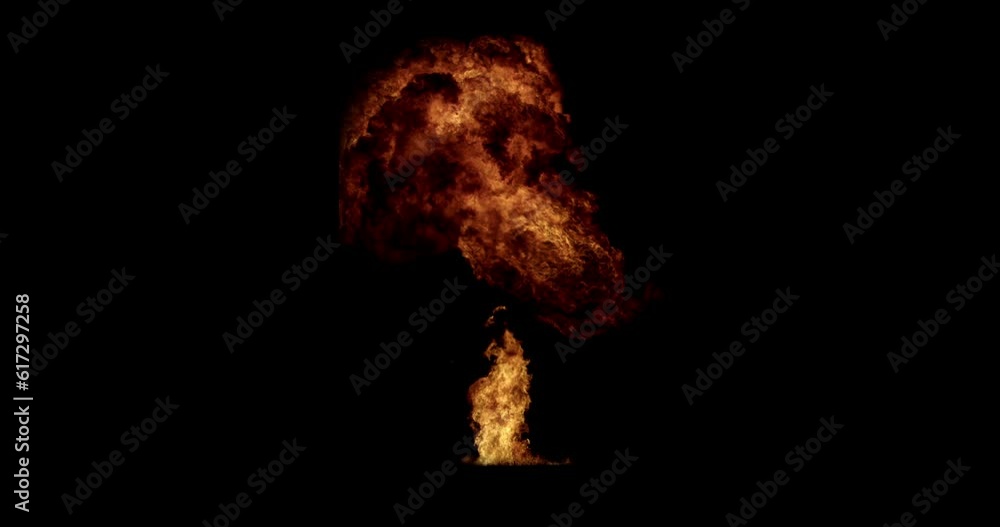 Fire explosion from the bottom of the screen, black background, VFX effect overlay alpha matte, explosion effect video. Small fire stays burning after explosion in place of ignition. Slow motion, 4k. Fire explosion from the bottom of the screen, black background, VFX effect overlay alpha matte, explosion effect video. Small fire stays burning after explosion in place of ignition. Slow motion, 4k.