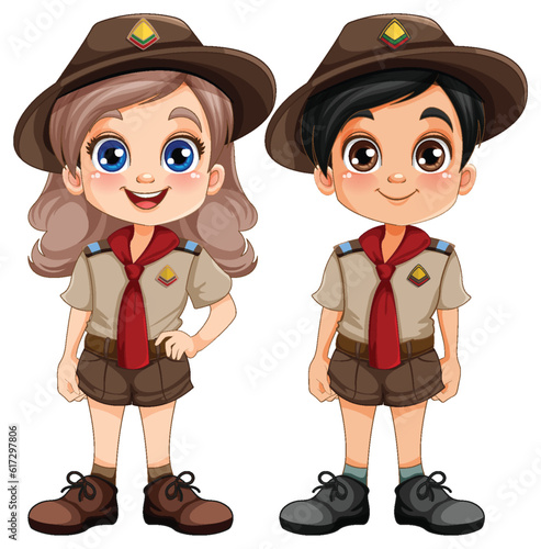 Boy and girl scout in uniform cartoon character