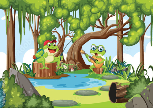 Cartoon Frogs in the Forest