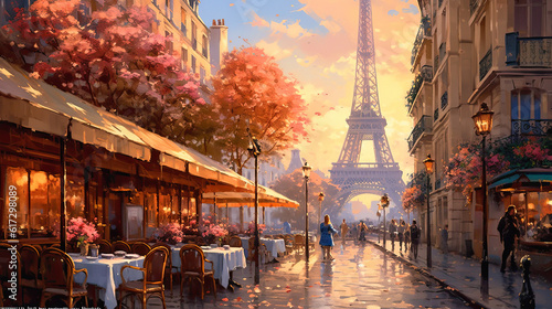 cafe in Paris with the Eiffel tower  ai generative