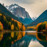 A serene mountain landscape with snow-capped peaks piercing through the clouds, a tranquil alpine lake reflecting the vibrant colors of the surrounding autumn foliage