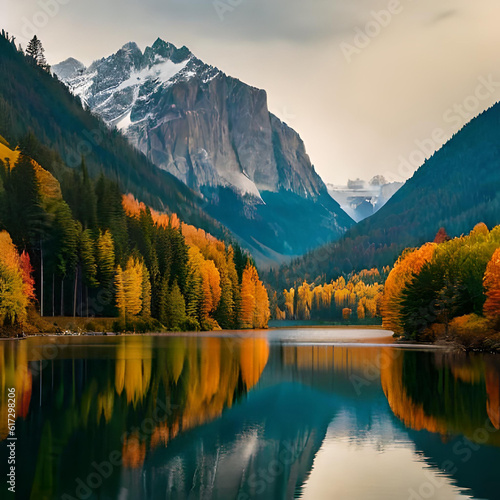 A serene mountain landscape with snow-capped peaks piercing through the clouds, a tranquil alpine lake reflecting the vibrant colors of the surrounding autumn foliage © Beste stock