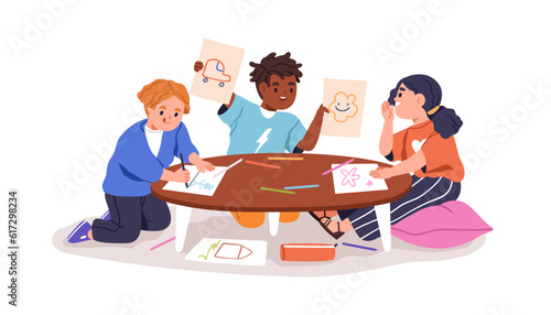Preschool kids drawing at table. Cute little children with pencils painting on papers together. Happy girls and boys friends at leisure. Flat graphic vector illustration isolated on white background
