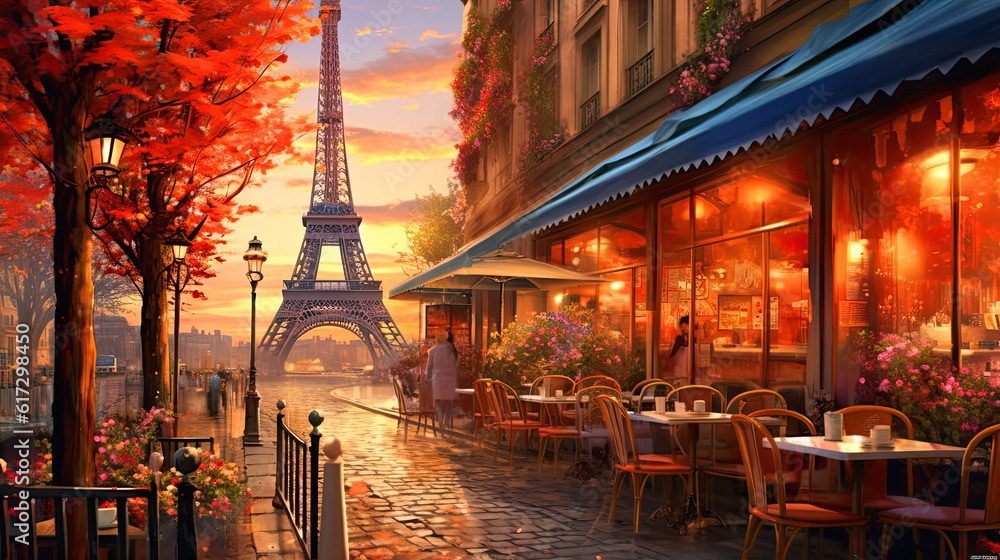 cafe in Paris with the Eiffel tower, ai generative - obrazy, fototapety, plakaty 