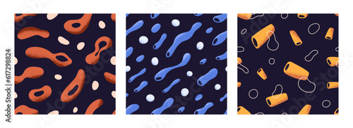 Seamless patterns set. Abstract fluid shapes, repeating print designs. Endless backgrounds with creative elements, figures flowing. Colored flat vector illustrations for textile, fabric, wallpaper