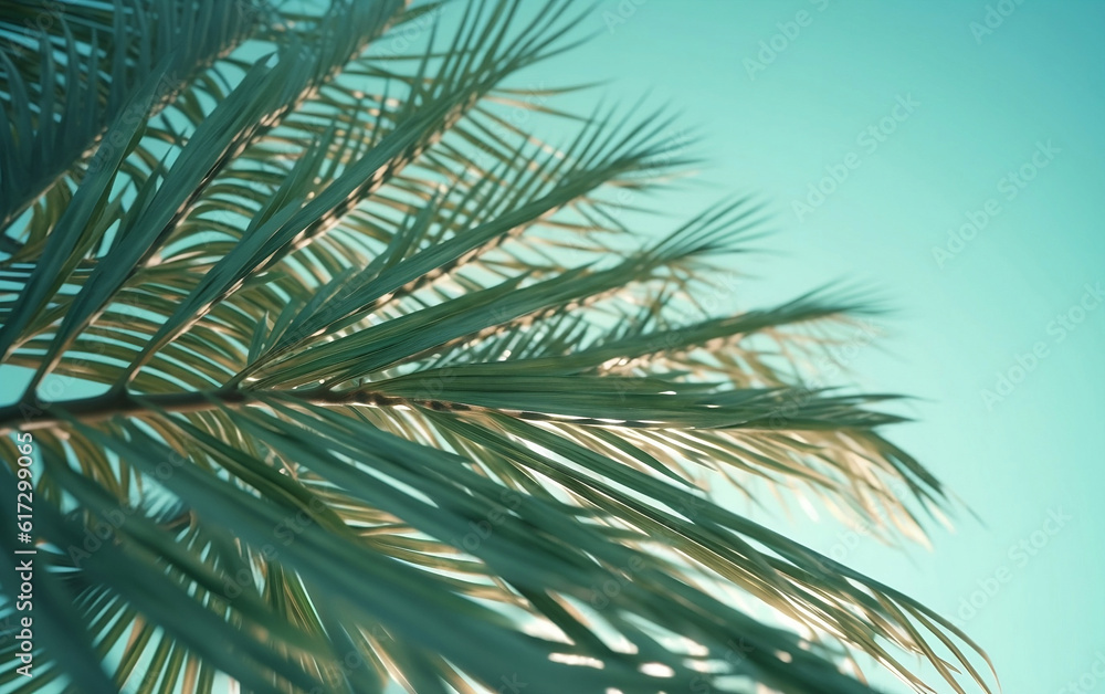 Palm tree leaves on blue sky background. Close up view. Generative AI Palm tree leaves on blue sky background. Close up view. Generative AI