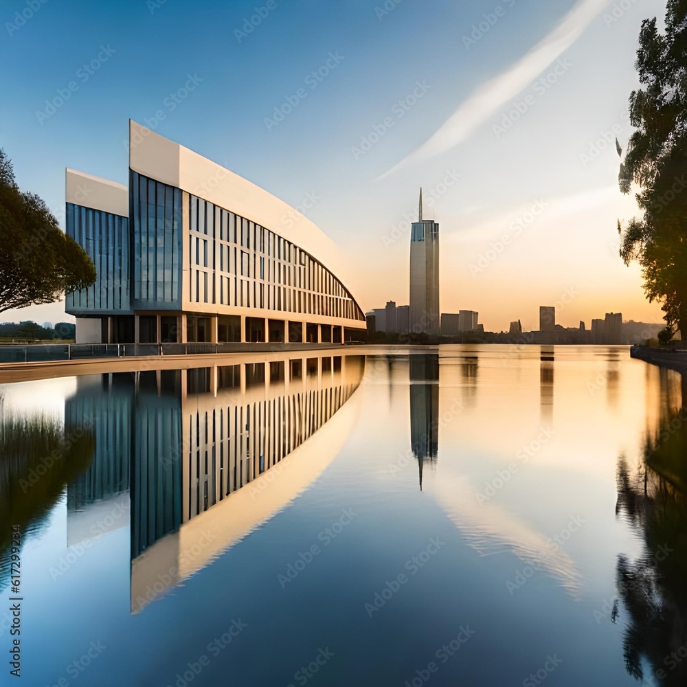 Modern business corporate building in the city on a light sunset background, great to use for backdrop, business, stocks, website, economy, start-up company etc. Image from Generative Ai