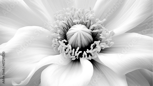 Black and white image of the delicate petals of a Lilly flower against a white background beautiful soft nature design