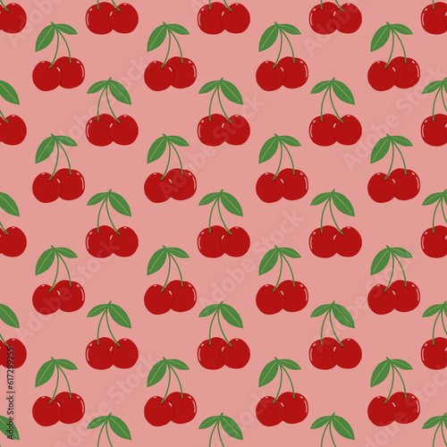 Cherry seamless pattern on pink background. Fruit wallpaper