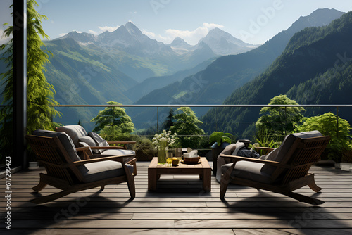 table and chairs on the terrace with mountain view