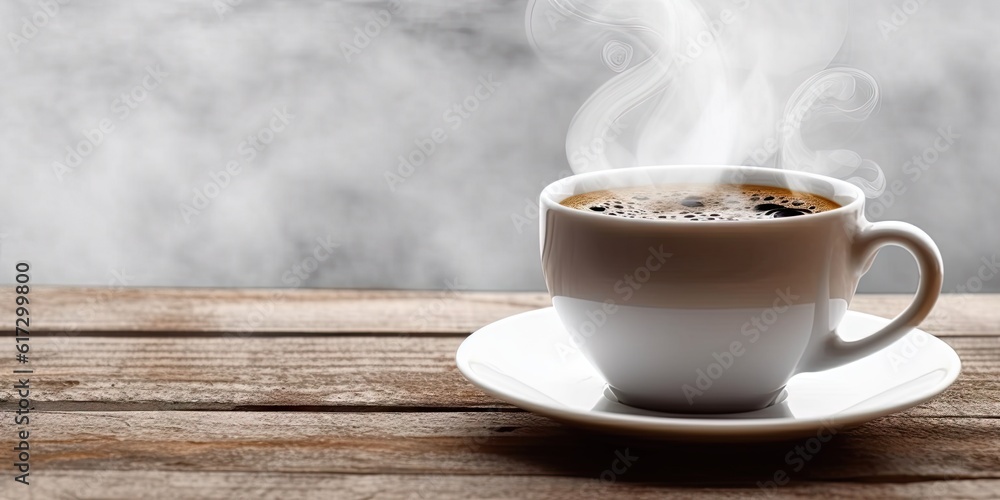 Fresh Espresso Coffee on Wooden Table. Closeup of Hot Aroma and Breakfast Morning Drink with Cup and Background Cafe Fresh Espresso Coffee on Wooden Table. Closeup of Hot Aroma and Breakfast Morning Drink with Cup and Background Cafe