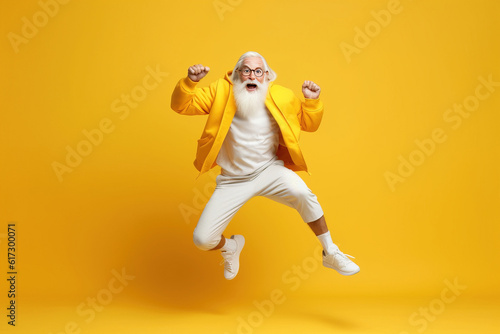 Happy old man doing sport on color studio background. Generative AI