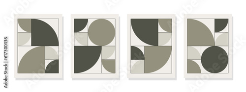 Minimalist boho-style wall art with dynamic geometric shapes, including semi-circles and circles in natural green. Perfect for room decoration.