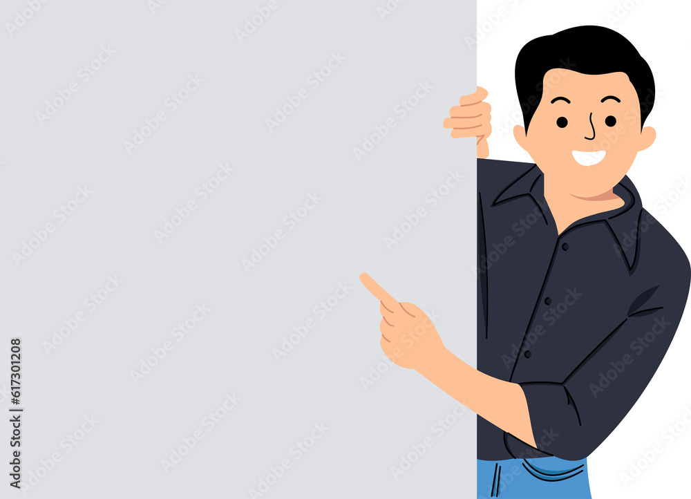 young man peeps out from behind of clear empty white board and points finger on it or man holding blank paper placard young man peeps out from behind of clear empty white board and points finger on it or man holding blank paper placard
