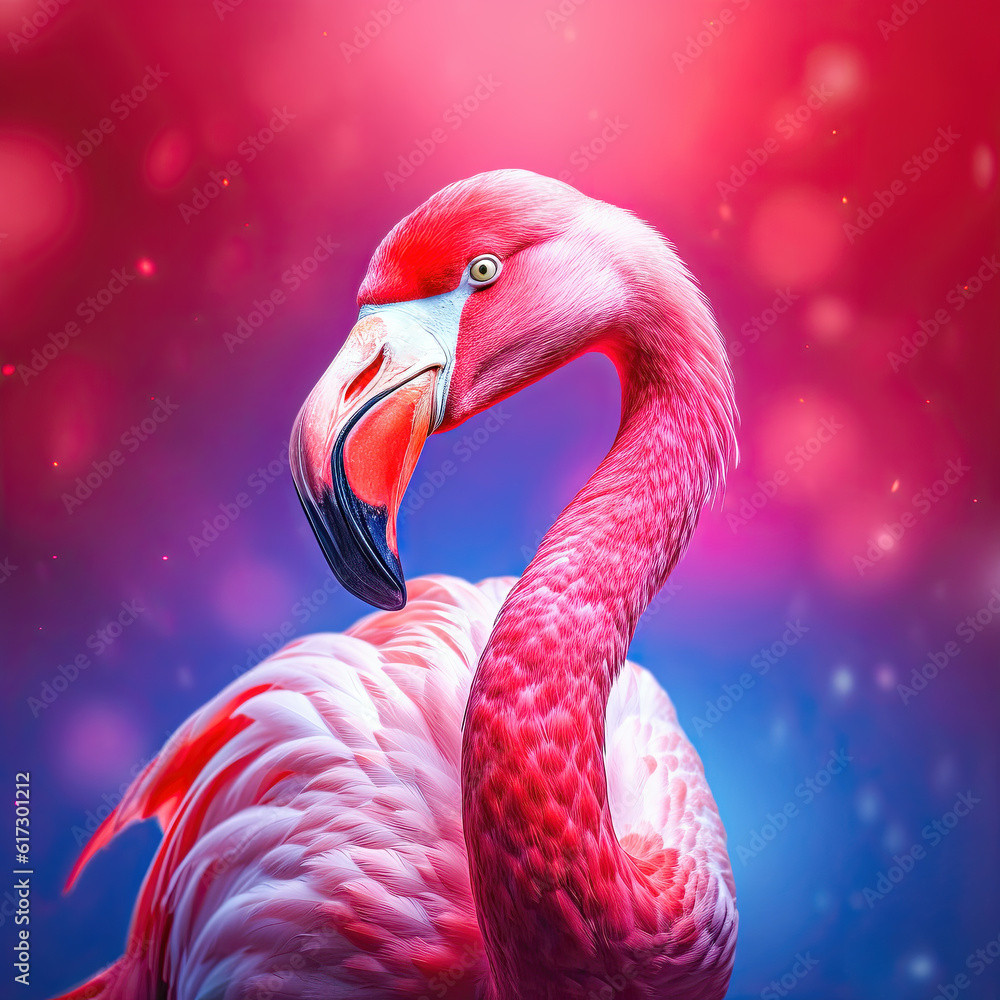 Obraz premium Pink flamingo on vibrant background with bokeh