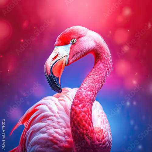 Pink flamingo on vibrant background with bokeh