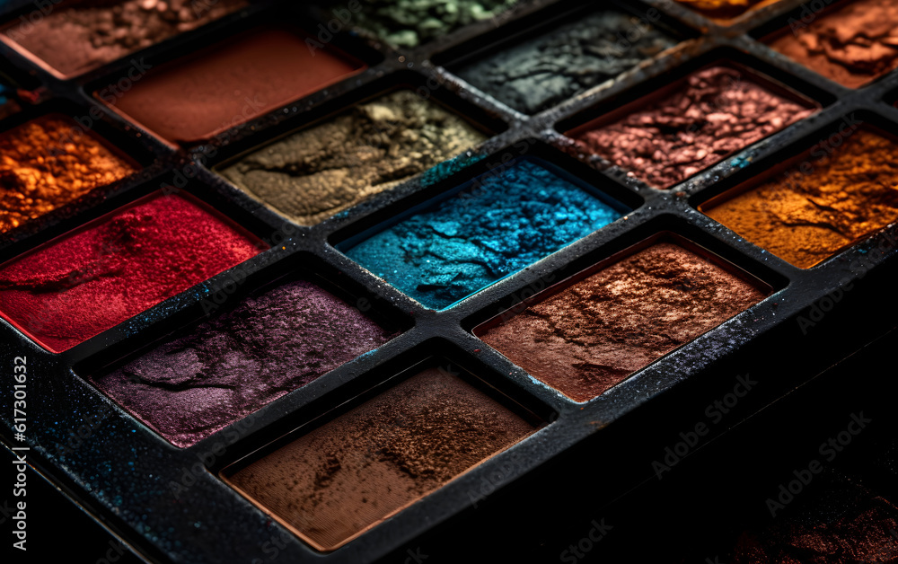 Colorful eyeshadow palette on a black background, close-up. Generative AI.