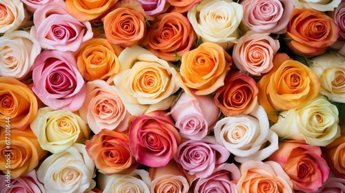 A close-up shot of vibrant and blooming roses in various colors. AI generated © PandaStockArt
