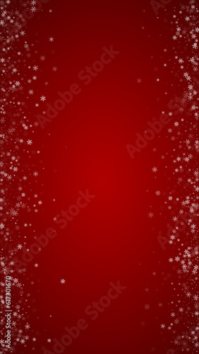 Falling snowflakes christmas background. Subtle flying snow flakes and stars on christmas red background. Beautifully falling snowflakes overlay. Vertical vector illustration.