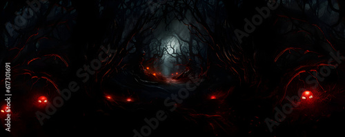 une forêt sombre, arrière-plan pour halloween, thème horreur - panoramique - IA générative