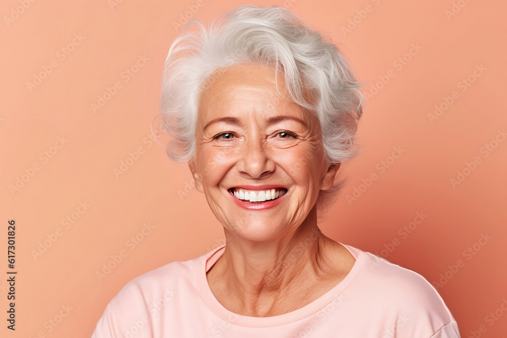 Beautiful elderly fashion model with gray hair on pastel orange background Beautiful elderly fashion model with gray hair on pastel orange background