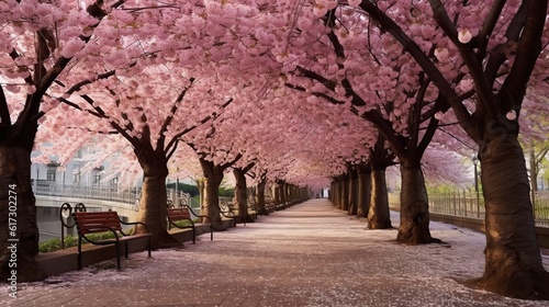 Picturesque scenes of cherry blossom trees in full bloom. AI generated