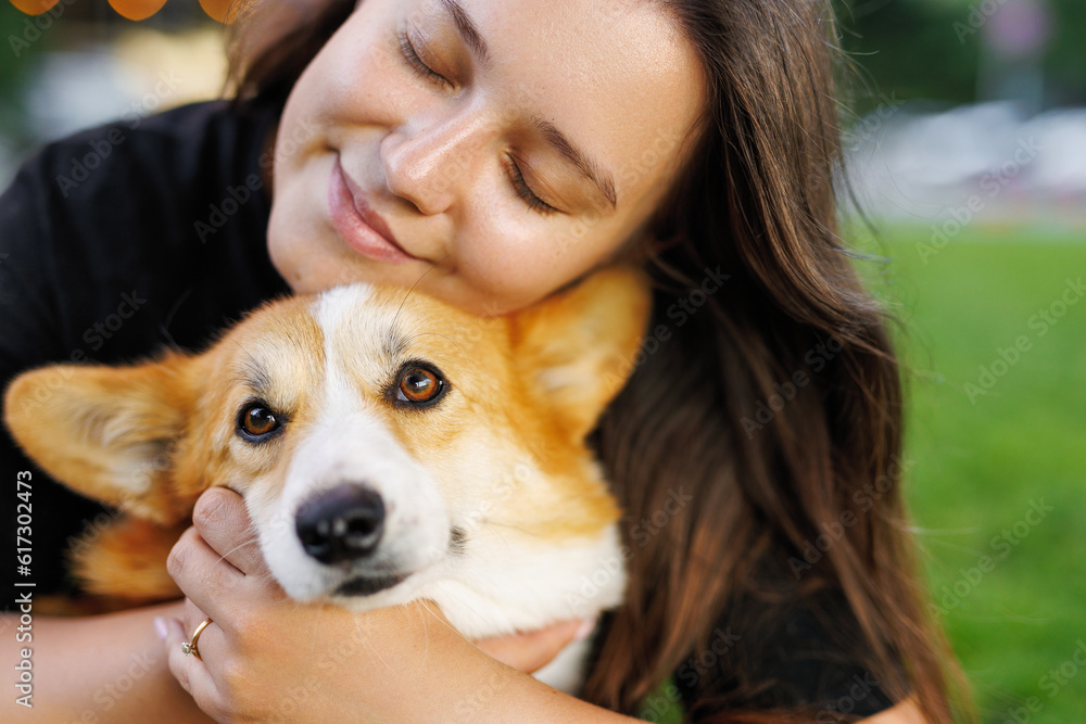 Portrait of adorable, happy dog of the corgi breed in the park on the green grass at sunset. The girl hugs and strokes her beloved pet. Portrait of adorable, happy dog of the corgi breed in the park on the green grass at sunset. The girl hugs and strokes her beloved pet.