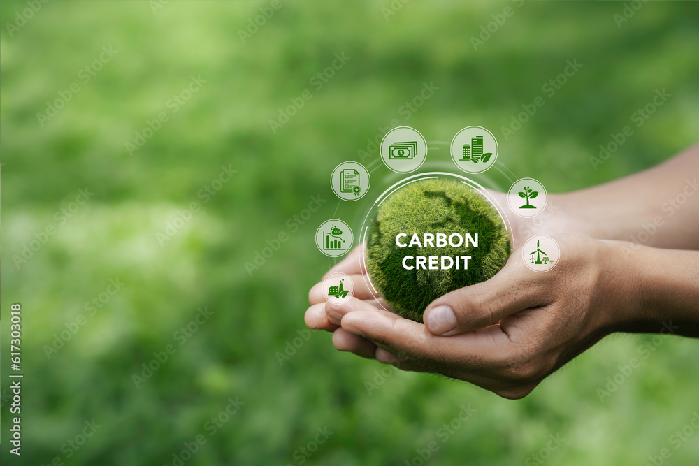 Carbon credit or CO2 trading market. Carbon tradable certificates for buy-sell. Business and environment sustainable. industry and company Reduc of carbon emissions to Net zero greenhouse gas target.
