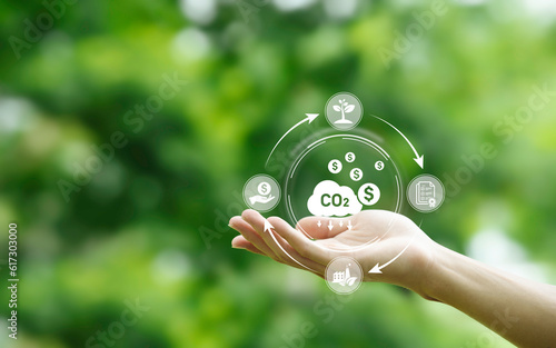 Carbon credit or CO2 trading market. Carbon tradable certificates for buy-sell. Business and environment sustainable. industry and company Reduc of carbon emissions to Net zero greenhouse gas target.