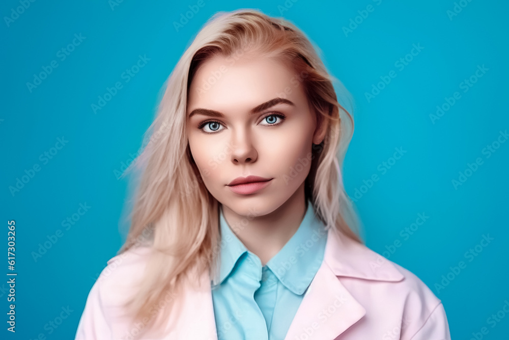  portrait of young doctor woman over isolated blue background. space for text. generative AI