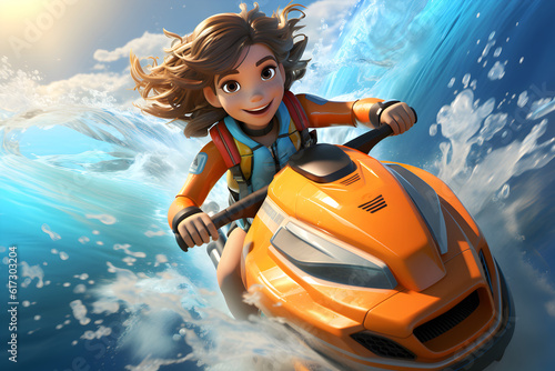 Girl rides a jet ski in the water on the waves, cartoon, illustration © Prozhivina Elena