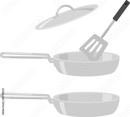 蓋付きのステンレスフライパンとフライ返し