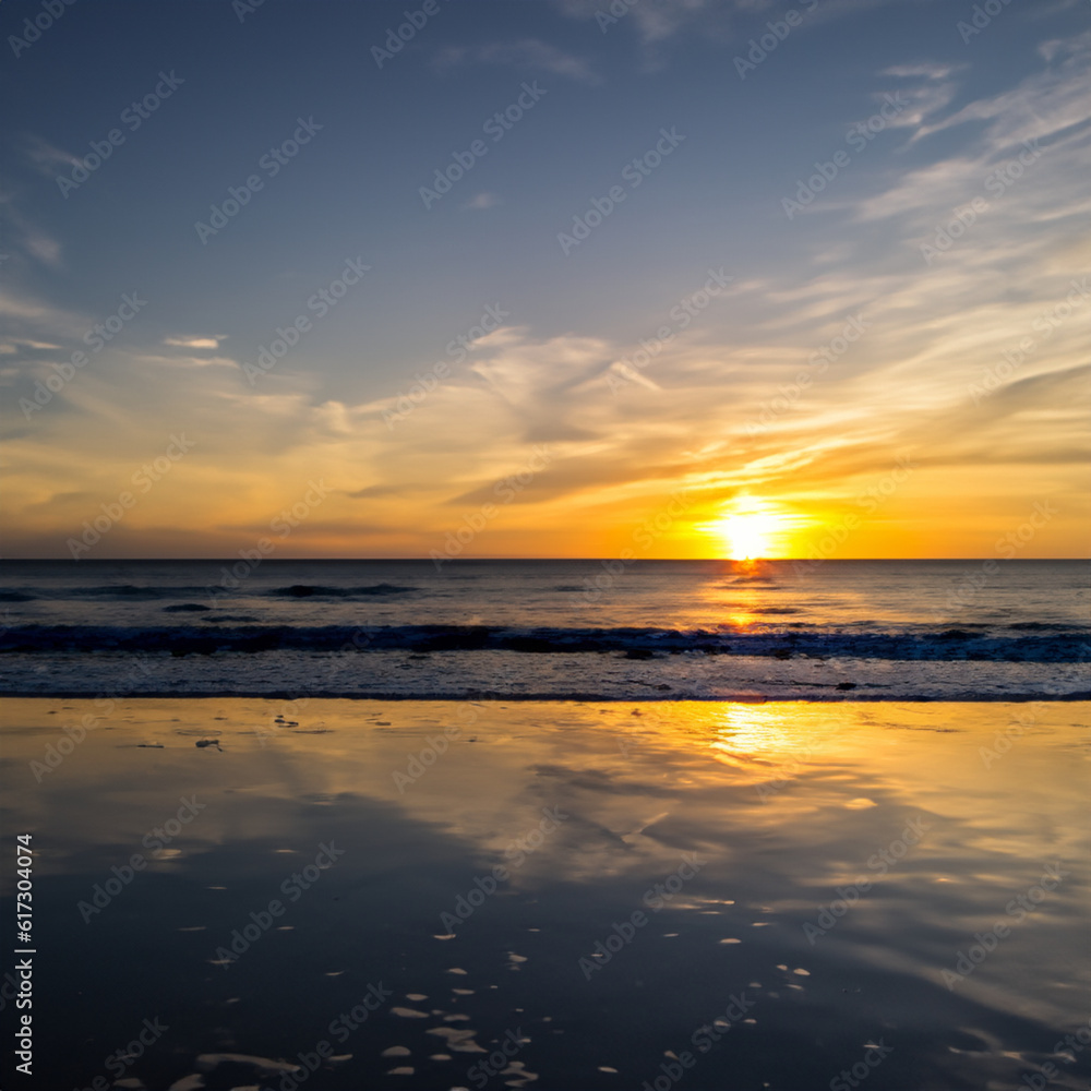 Sonnenuntergang am Strand mit Wolken mit Meer