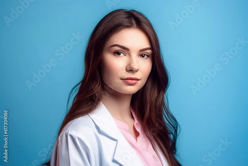  portrait of young doctor woman over isolated blue background. space for text. generative AI