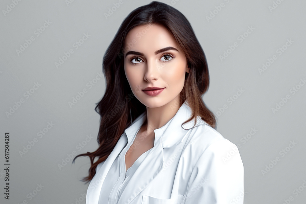 portrait of young doctor woman over isolated grey background. space for text. generative AI portrait of young doctor woman over isolated grey background. space for text. generative AI